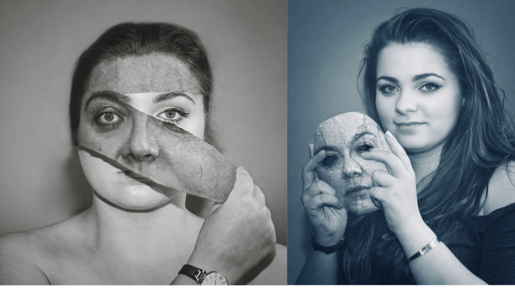 Two composite photographs exploring the concept of masks we wear and what lies beneath the outer layers.