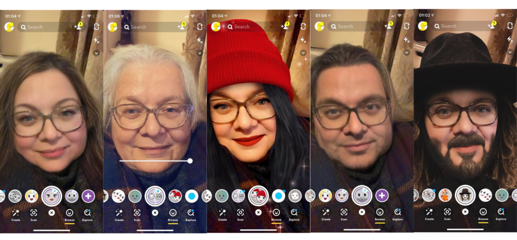 A series screenshots of Vicki Head using Snapchat filters