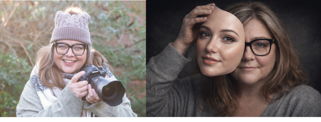 Photo of Vicki Head holding a camera. Next to an AI generated image of a woman resembling Vicki Head holding up a mask